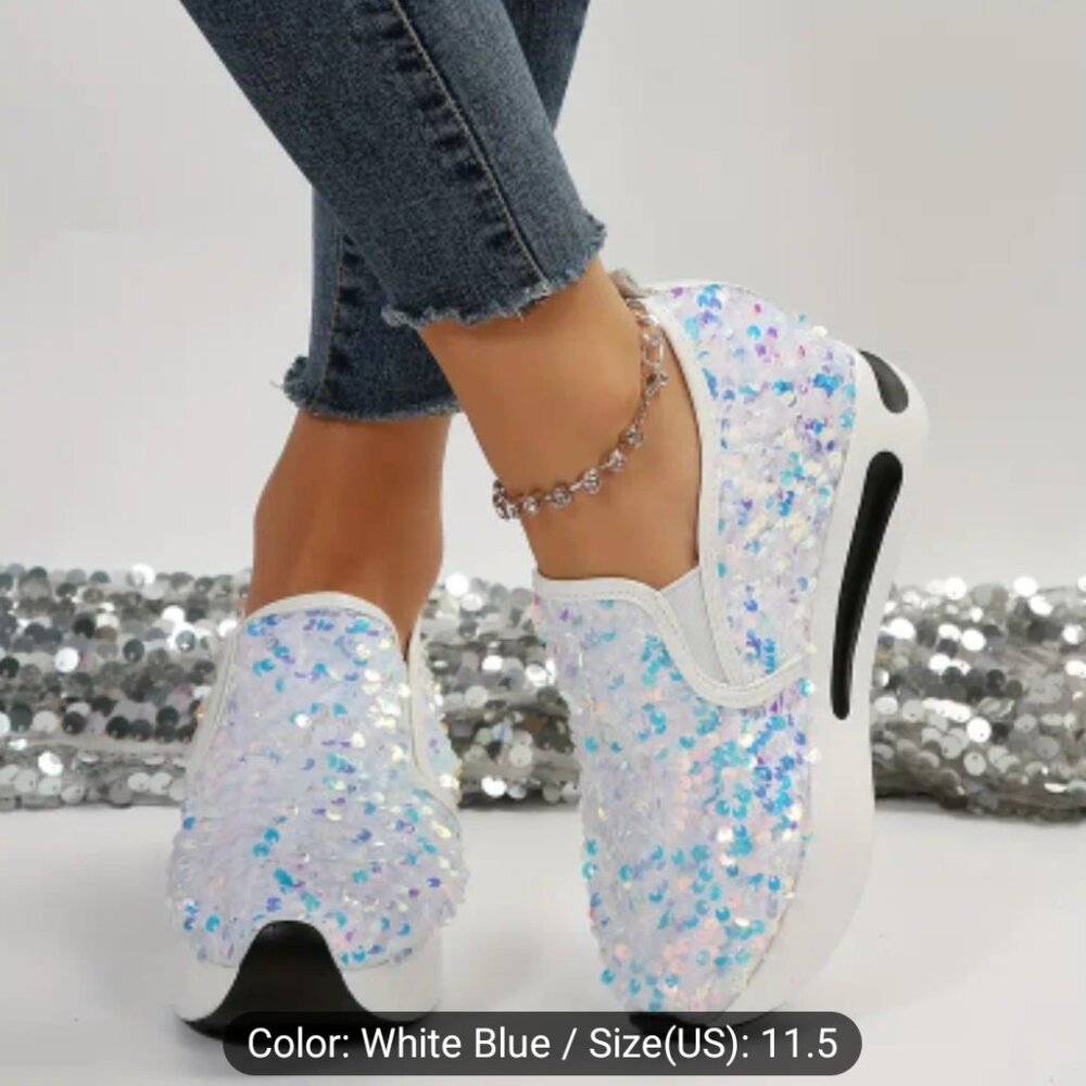 White Blue Sequin Slip-On Women's Sneakers